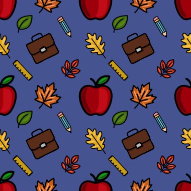 Kırmızı elmalar, kahverengi evrak çantaları, sonbahar yaprakları, kalemler ve koyu mavi arka planda cetveller içeren hareketli bir vektördür. Okula dönüş tasarımları için idealdir..