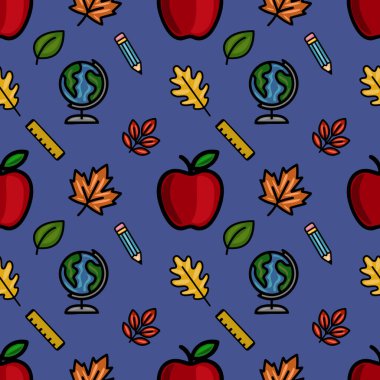 Kırmızı elmalar, bir dünya küresi, kalemler, hükümdarlar ve sonbahar yapraklarından oluşan canlı, pürüzsüz bir vektör deseni, koyu mavi arka planda, okula dönüş tasarımları için idealdir..