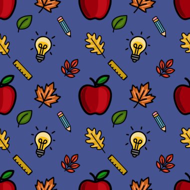 Kırmızı elmalar, sonbahar yaprakları, kalemler, ampuller ve okula dönüş tasarımları için ideal koyu mavi arka planda cetveller içeren hareketli bir vektörsüz desen..