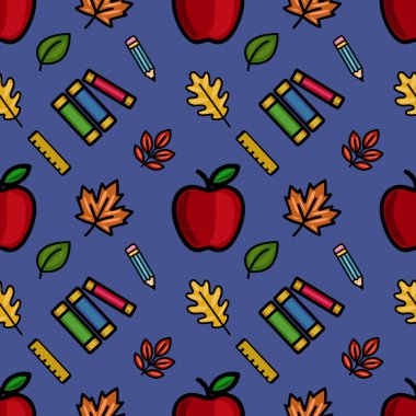 Sonbahar yaprakları, kırmızı elmalar, kalemler, kitaplar ve yöneticilerden oluşan hareketsiz bir vektör dizaynı, okula dönüş tasarımları için idealdir..