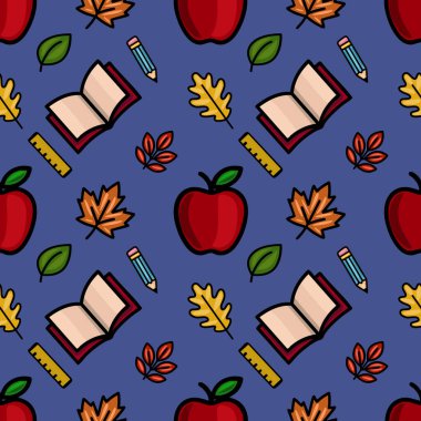 Kırmızı elmaları, açık kitapları, kalemleri, cetvelleri ve koyu mavi arka planda sonbahar yapraklarını içeren büyüleyici bir vektördür. Okula dönüş tasarımları için mükemmeldir..