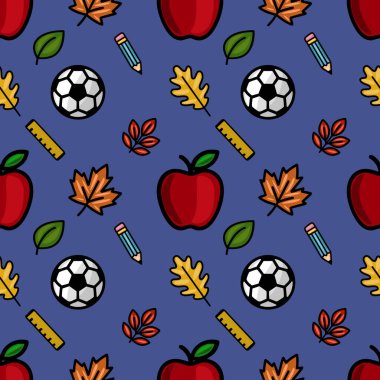 Kırmızı elmalar, futbol topları, sonbahar yaprakları, kurşun kalemler ve sonbahar temalı projeler için ideal, koyu mavi arka planda hükümdarlar içeren oyuncu bir okula dönüş tasarımı içeren kusursuz bir şablon..