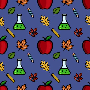 Kırmızı elmalar, sonbahar yaprakları, kalemler, beherler ve cetvellerden oluşan canlı bir vektörsüz kalıp, koyu mavi bir arka planda eğlenceli bir okula dönüş tasarımı yaratıyor..