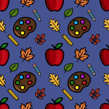 Bu canlı vektör pürüzsüz desen, kırmızı elmalar, sonbahar yaprakları, sanatçı paletleri, kalemler ve zengin bir slate-blue arka planına karşı cetvelleri içeren eğlenceli bir okula dönüş tasarımını içerir..