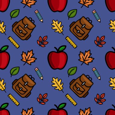 Kahverengi sırt çantaları, kırmızı elmalar, sonbahar yaprakları, kalemler ve koyu mavi arka planda cetveller içeren büyüleyici, pürüzsüz bir vektör deseni, okula dönüş tasarımları için mükemmel..