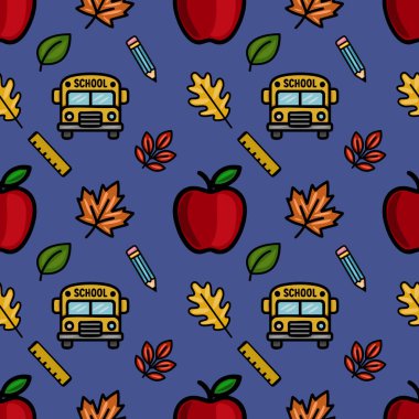 Kırmızı elmalar, sarı okul otobüsleri, sonbahar yaprakları, kurşun kalemler ve derin mavi arka planda hükümdarlar içeren eğlenceli bir okula dönüş tasarımı içeren hareketli, pürüzsüz bir model....