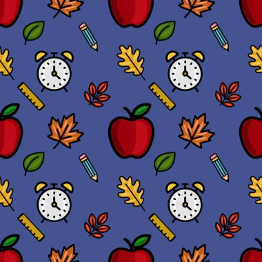 Kırmızı elmalar, sonbahar yaprakları, kalemler, yöneticiler ve alarm saatlerini içeren canlı bir vektörsüz şablon, koyu mavi arka planda, okula dönüş veya sonbahar temalı tasarımlar için ideal.