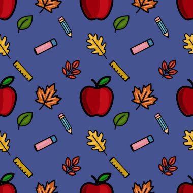 Kırmızı elmalar, sonbahar yaprakları, kalemler, silgiler ve koyu mavi bir arka planda yöneticiler içeren hareketli bir vektörsüz desen, neşeli bir okula dönüş tasarımı yaratıyor..