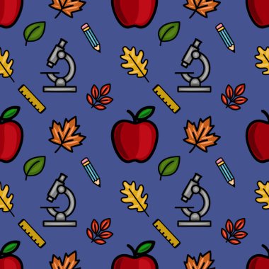 Canlı sonbahar yaprakları, olgun kırmızı elmalar, mikroskoplar, kalemler ve yöneticilerden oluşan kusursuz vektör deseni, eğitici materyaller veya kırtasiye malzemeleri için eğlenceli bir geri dönüş tasarımı yaratıyor..