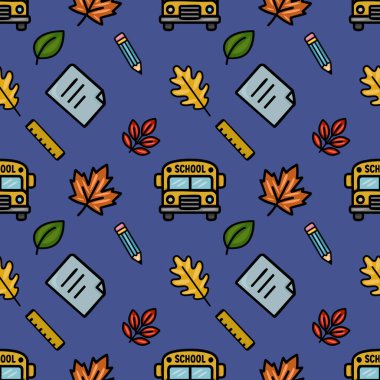 Okul temalı simgelerin ve sonbahar yapraklarının eğlenceli bir karışımını içeren, okula dönüş tasarımları veya sonbahar temalı projeler için mükemmel, zevksiz bir vektör deseni.