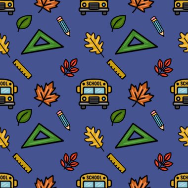 Okul malzemelerinin, sonbahar yapraklarının ve okula dönüş tasarımları için mükemmel neşeli sarı bir okul otobüsünün eğlenceli bir karışımını içeren kusursuz bir vektör deseni var..