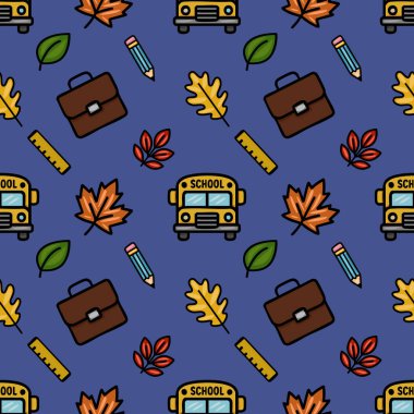 Sonbahar yaprakları, okul otobüsü, evrak çantası, kalem ve cetvel karışımından oluşan zevkli, pürüzsüz bir şablon. Okula dönüş tasarımları için mükemmel..