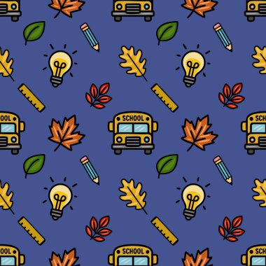 Sonbahar yapraklarının, okul servisi ikonlarının, kalemlerin, ampullerin ve yöneticilerin eğlenceli bir karışımını içeren hareketli, pürüzsüz bir vektör deseni, okula dönüş tasarımları için idealdir..