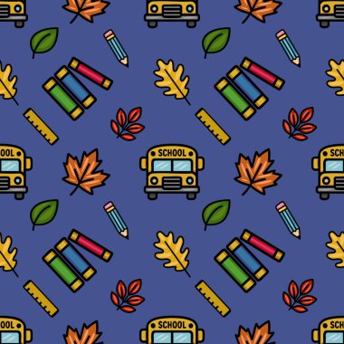 Sarı okul otobüsleri, renkli kalemler, kitap yığınları ve koyu mavi arka planda sonbahar yaprakları içeren eğlenceli bir okula dönüş tasarımı içeren hareketsiz bir vektör deseni.