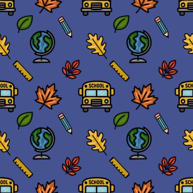 Okul otobüsü, küre, kalem, cetvel ve sonbahar yapraklarını içeren mükemmel bir vektörsüz şablon, koyu mor arka plan, okula dönüş tasarımları için ideal..