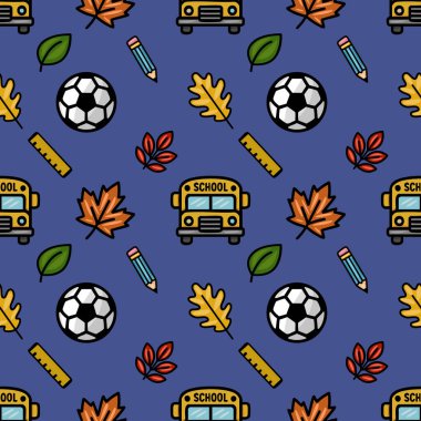 Bu canlı vektör pürüzsüz desen okul temalı ikonlar ve sonbahar yapraklarının eğlenceli bir karışımını içeriyor, çeşitli uygulamalar için neşeli bir okula dönüş tasarımı yaratıyor..