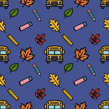 Bir okul otobüsü, sonbahar yaprakları, kalemler ve koyu mavi arka planda yöneticilerin yer aldığı, okula dönüş tasarımları ve sonbahar temalı projeler için ideal neşeli bir vektör deseni..