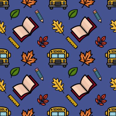 Bir okul otobüsü, açık kitap, kalem, cetvel ve sonbahar yapraklarını içeren, koyu mavi bir arka planda, okula dönüş tasarımları için ideal, neşeli, pürüzsüz bir şablon..