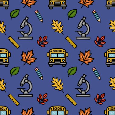 Okul malzemelerinin, sonbahar yapraklarının ve okul otobüsünün şakacı bir illüstrasyonunu içeren kusursuz bir vektör deseni. Okula dönüş tasarımları ve eğitim projeleri için mükemmel..