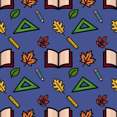 Sonbahar yaprakları, kırtasiye malzemesi ve açık bir kitap içeren büyüleyici bir vektör deseni, koyu mavi bir arka planda oyuncu, el çizimi bir tarzla okula dönüş havası yaratıyor..