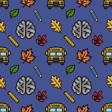 Bu canlı vektör pürüzsüz desen, okul temalı ikonların neşeli bir karışımını içeriyor sarı bir okul otobüsü, beyin, kalem, hükümdar ve güz yaprakları gibi, neşeli ve eğitici bir zemin yaratıyor.