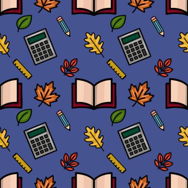 Sonbahar yaprakları, hesap makineleri, kalemler, cetveller ve açık kitaplar gibi okul malzemelerini içeren büyüleyici, pürüzsüz bir şablon, koyu mavi bir arka planda eğlenceli bir okula dönüş tasarımı yaratıyor..