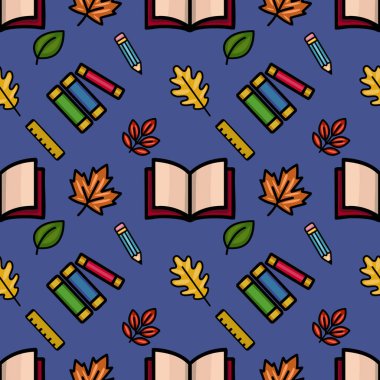 Sonbahar yaprakları, açık kitaplar, kalemler ve hükümdarlar içeren, büyüleyici bir okula dönüş ya da sonbahar temalı tasarım yaratan, zevksiz bir vektör..