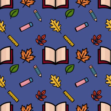 Sonbahar yaprakları, açık kitaplar, kalemler ve koyu mavi arka planda yöneticiler içeren, okula dönüş veya sonbahar temalı tasarımlar için ideal büyüleyici bir vektörsüz desen..