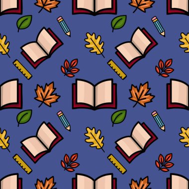 Açık kitap, kalem, cetvel ve sonbahar yapraklarını içeren, okula dönüş veya sonbahar temalı tasarımlar için ideal, derin mavi bir arkaplan üzerinde büyüleyici bir vektörsüz desen..