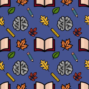 Beyni, açık kitapları, kalemleri, yöneticileri ve renkli yaprakları olan, eğitici ya da okula dönüş projeleri için mükemmel, eğlenceli bir sonbahar tasarımı içeren kusursuz bir vektör deseni..