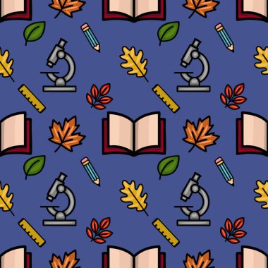 Sonbahar yaprakları, açık bir kitap, bir mikroskop, bir kalem ve bir cetvel içeren büyüleyici bir vektör kusursuz desen, hepsi canlı, el çizimi bir şekilde koyu mavi bir arkaplana karşı..
