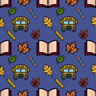 Bir okul otobüsü, açık kitaplar, sonbahar yaprakları, kalemler ve hükümdarlar içeren büyüleyici bir vektör dizaynı, koyu mavi bir arka planda eğlenceli bir okula dönüş tasarımı yaratıyor..