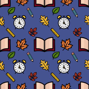 Sonbahar yapraklarının eğlenceli bir karışımını içeren hareketli bir vektör kusursuz desen alarm saatleri, kalemler ve cetveller gibi okul malzemeleri ve neşeli bir okula dönüş tasarımı yaratan açık kitaplar..