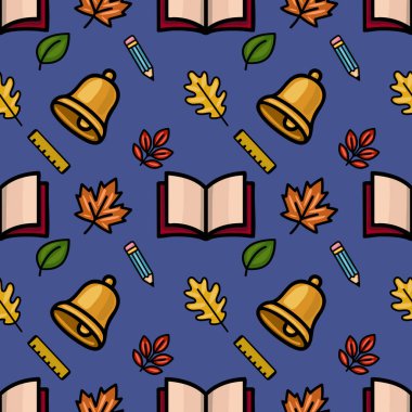 Bir çan, kalem, cetvel ve açık kitap gibi okul malzemelerini içeren büyüleyici bir vektör pürüzsüz desen, derin mavi bir arka planda sonbahar yaprakları ile neşe içinde karışmış, neşeli bir