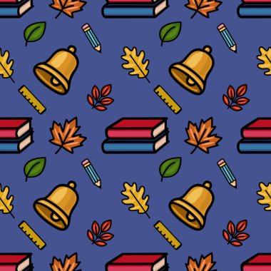 Çanlar, kitaplar, kalemler ve hükümdarlar gibi okul malzemelerini içeren büyüleyici bir vektör pürüzsüz desen, koyu mavi arka planda canlı bir renk paletinde sonbahar yapraklarıyla neşe içinde karışıyor..