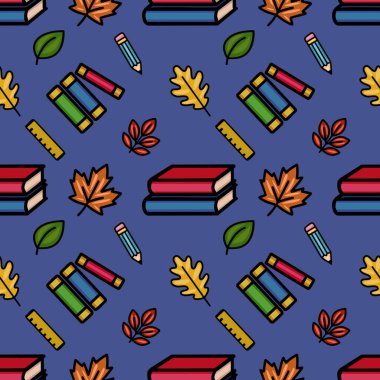 Renkli kitaplar, kalemler, hükümdarlar ve sonbahar yapraklarının eğlenceli bir karışımını içeren hareketli, pürüzsüz bir vektör deseni, neşeli bir okula dönüş veya sonbahar tasarımı oluşturur..