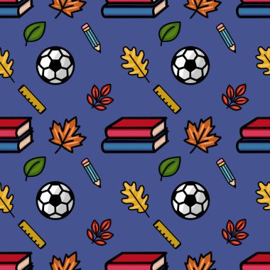 Okul malzemelerinin, sonbahar yapraklarının ve futbol topunun karışımından oluşan hareketli, pürüzsüz bir vektör deseni. Koyu mavi bir zemin üzerine kurulmuş, okula dönüş tasarımları için ideal..