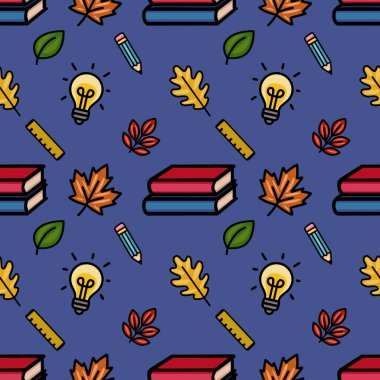 Sonbahar yapraklarının eğlenceli bir karışımını içeren hareketli bir vektör, kalem ve cetvel gibi okul malzemeleri, istiflenmiş kitaplar ve parlak ampuller, koyu mavi bir arka planda dizilmiş.