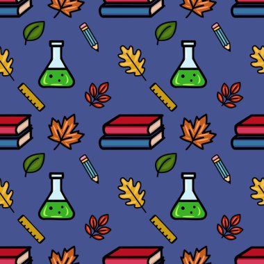 Sonbahar yapraklarının, okul malzemelerinin ve bilim deney şişelerinin eğlenceli bir karışımını içeren etkileyici, kusursuz bir vektör deseni. Derin mavi arka planda canlı bir okula dönüş ya da sonbahar tasarımı yaratıyor..