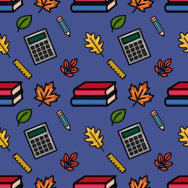 Bu canlı vektör pürüzsüz desen, kitaplar, kalemler, hesap makineleri ve yöneticiler de dahil olmak üzere sonbahar yaprakları ve okul malzemelerinin neşeli bir karışımını içeriyor.