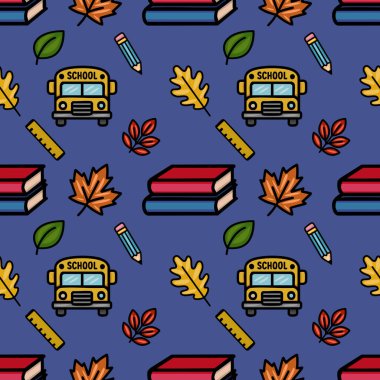 Bir okul otobüsü, kitaplar, kalemler, cetvel ve sonbahar yapraklarının derin mavi bir arka planda, okula dönüş tasarımları için mükemmel olduğu hoş, pürüzsüz bir desen..