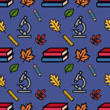 Kitap, kalem, mikroskop ve cetvel gibi okul malzemeleriyle dolu canlı bir sonbahar tasarımı içeren kusursuz bir vektör deseni, koyu mavi bir arka planda renkli sonbahar yapraklarıyla birleştirilmiş..