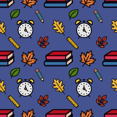 Sonbahar yaprakları, kitaplar, kalemler, yöneticiler ve alarm saatleri gibi eğlenceli bir karışım içeren hareketli bir vektör kusursuz şablon, koyu mavi bir arka plana karşı dizilmiş, neşeli bir