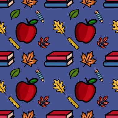 Kırmızı elmalar, istiflenmiş kitaplar, sonbahar yaprakları, koyu mavi arka planda kalemler ve yöneticilerin oluşturduğu canlı, pürüzsüz bir şablon, neşeli bir okula dönüş tasarımı yaratıyor..