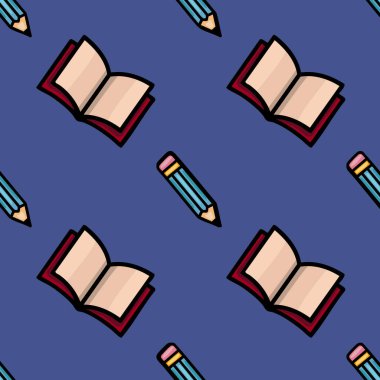 Açık notlar, kestane rengi kapaklar ve deniz mavisi kalemler içeren, eğitici ya da kırtasiye için ideal, açık notlar içeren canlı bir vektörsüz desen....