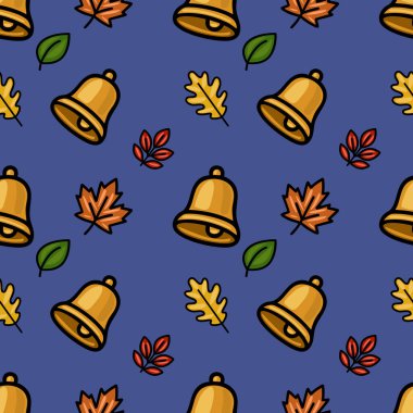Sonbahar temalı tasarımlar ve okula dönüş projeleri için ideal, koyu mavi bir zemin üzerinde altın çan ve sonbahar yaprakları içeren kusursuz vektör deseni.