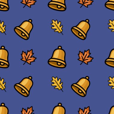 Sonbahar temalı tasarımlar ve okula dönüş projeleri için mükemmel, koyu mavi bir zemin üzerinde altın çan ve sonbahar yaprakları içeren büyüleyici bir vektör deseni..