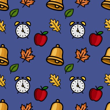 Sonbahar yaprakları, okul zilleri, alarm saatleri ve koyu mavi arkaplanda kırmızı elmalar içeren, okula dönüş veya sonbahar temalı tasarımlar için ideal, mükemmel bir vektörsüz desen..