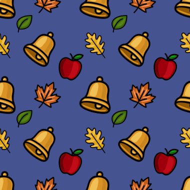 Altın okul çanları, olgun kırmızı elmalar ve derin mavi arka planda sonbahar yapraklarından oluşan, eğitici ya da sonbahar temalı tasarımlar için ideal, hareketli, kusursuz bir vektör deseni..
