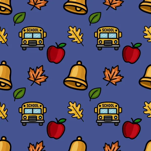 Okul otobüsleri, elmalar, çanlar ve sonbahar yaprakları ile birlikte eğitici tasarımlar için mükemmel, zevkli ve kusursuz bir geri dönüş temasını içeren kusursuz bir vektör deseni..